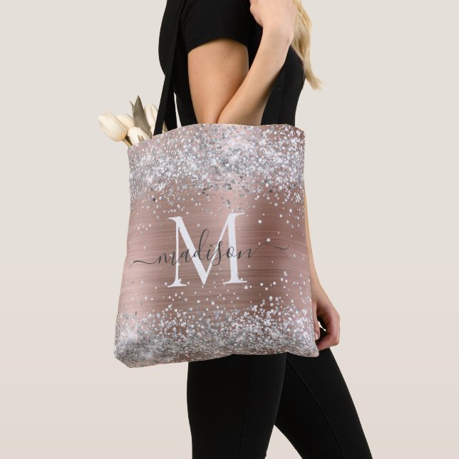 Tote Bag Rose Gold Parties scintillant Argent Monogramme mé (De près)