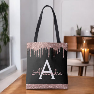 Tote Bag Rose Gold Pink Glitter Noir Monogramme Élégant