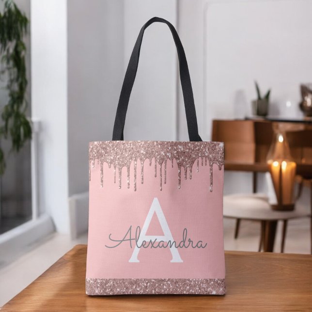 Tote Bag Rose Gold Rose Blush Pailleté Monogramme Élégant (Créateur téléchargé)
