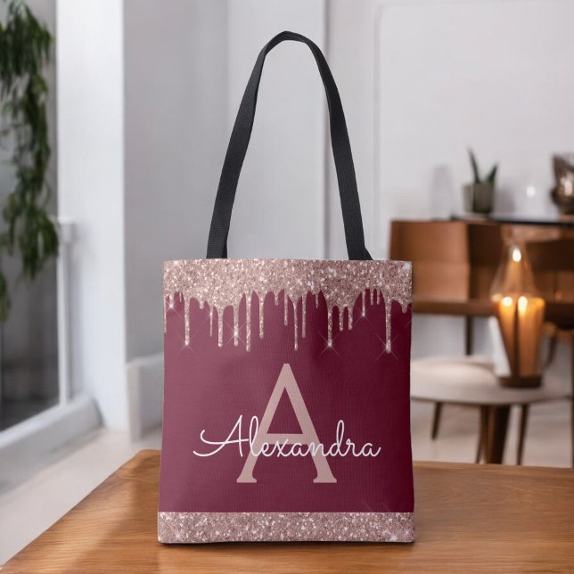 Tote Bag Rose Gold Rose Burgundy Pailleté Élégant Monogramm (Créateur téléchargé)
