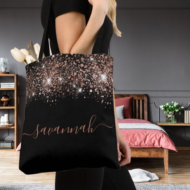 Tote Bag Rose noir parties scintillant or script monogramme (Créateur téléchargé)