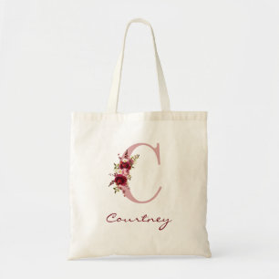 Tote Bag Rose Pâle Bourgogne Lettre C Floral