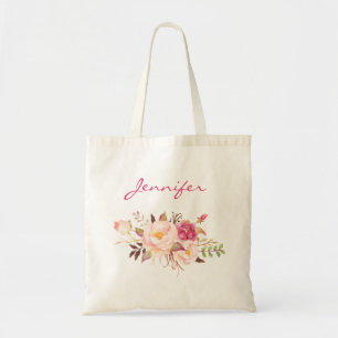 Tote Bag Rose Pâle Floral & Nom