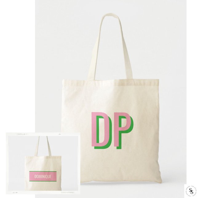 Tote Bag Rose Pâle + Monogramme Vert Demoiselle d'Honneur (Light Pink + Green Monogram Tote Bag)