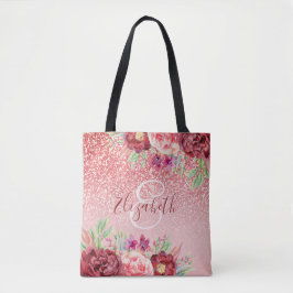 Tote Bag Rose Parties scintillant or Blush Bourgogne Floral