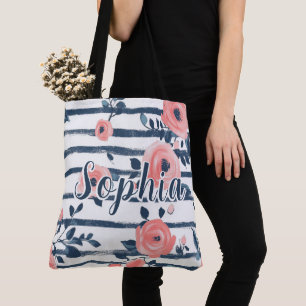 Tote Bag Rose Pêche Floral Rayure Navy Personnalisé