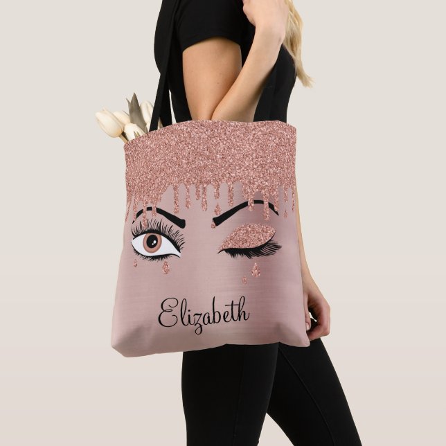 Tote Bag Rose Pink Gold Eyelashes Dripping Glitter (De près)