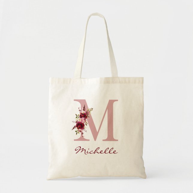 Tote Bag Rose Pivoine Bourgogne Lettre M Floral (Devant)