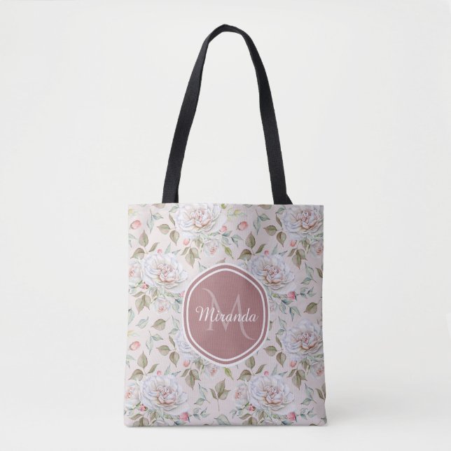 Tote Bag Rose rose pâle Motif avec Monogramme et nom (Devant)