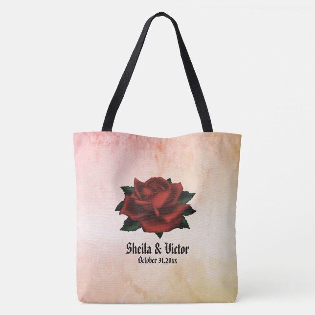 Tote Bag Rose rouge gothique Nom et date (Dos)