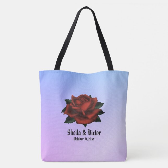 Tote Bag Rose rouge gothique Nom et date Mariage violet (Dos)