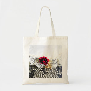 Tote Bag Rose rouge romantique et dentelle blanche