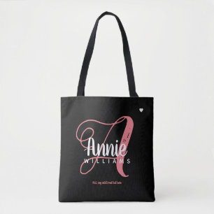 Tote Bag rose Un monogramme en noir