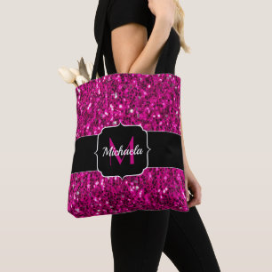 Tote Bag Rose vif étincelles faux strass Monogramme