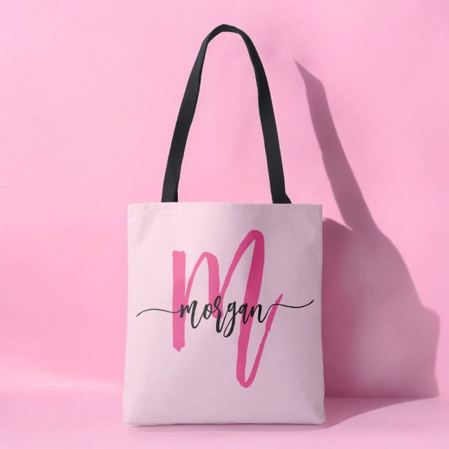 Tote Bag Rose vif Moderne Écriture Féminine Monogramme Nom (Créateur téléchargé)