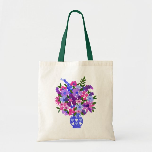 Tote Bag Rose, violet, Fleurs bleues dans Vase avec Coeurs (Devant)