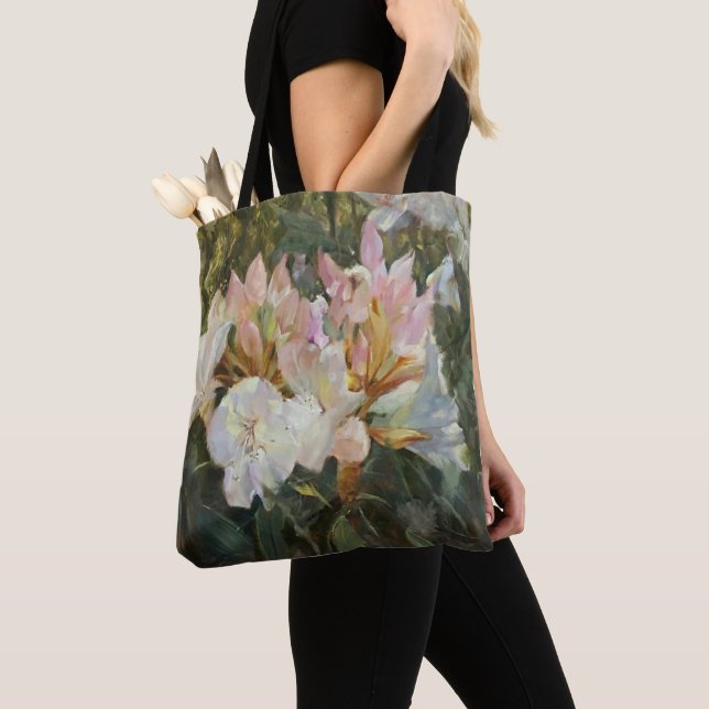 Tote Bag Rosée et blanche Rhododendron Fond vert profond (De près)