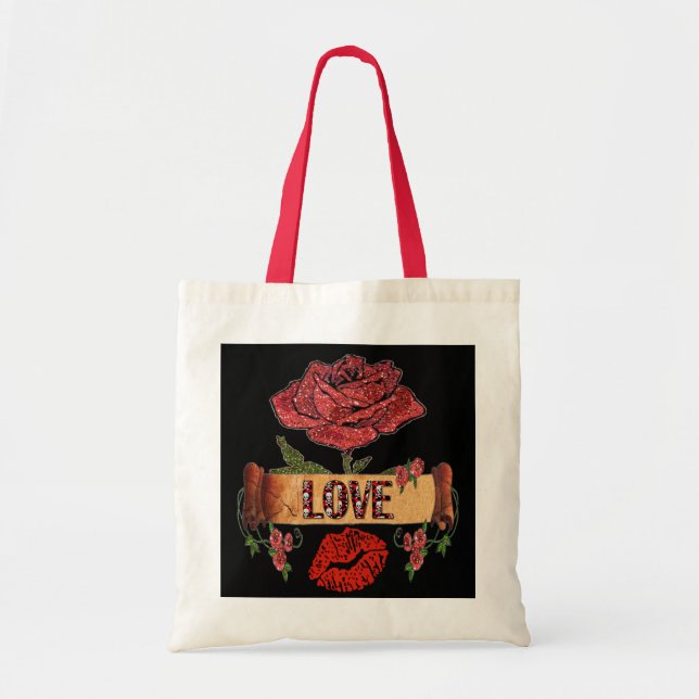 Tote Bag Roses, amour et rouge à lèvres de rockabilly de (Devant)