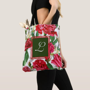 Tote Bag Roses blanches rouges Aquarelle Fleurs Monogramme