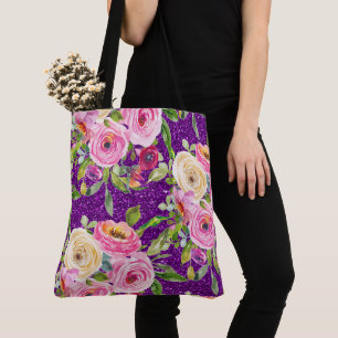Tote Bag Roses d'aquarelle en Parties scintillant rose et c