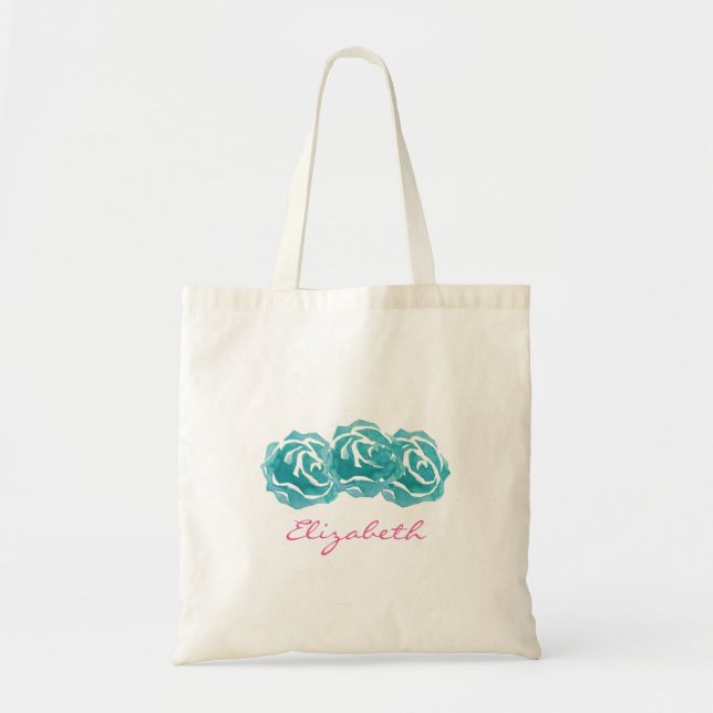Tote Bag Roses d'aquarelle turquoises (Devant)