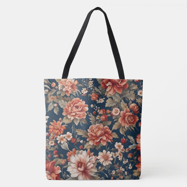 Tote Bag Roses, Feuilles et fleurs rétro (Devant)