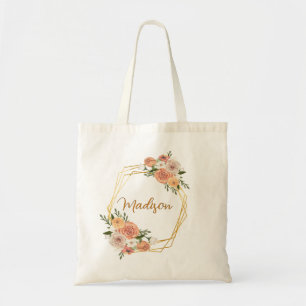 Tote Bag Roses géométriques d'or Nom floral personnalisé