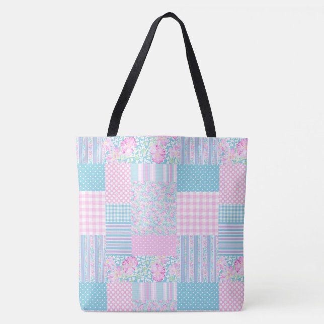 Tote Bag Roses roses et Papillons blancs Faux Patchwork (Devant)