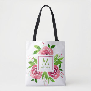 Tote Bag Roses roses roses Aquarelle Monogramme Personnalis
