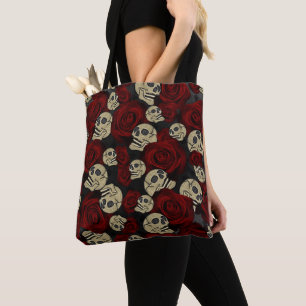 Tote Bag Roses Rouges & Crânes Floral Gothique Gris Noir