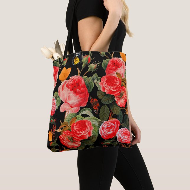 Tote Bag ROSES ROUGES ET BOUTEILLES JAUNES Floral noir (De près)