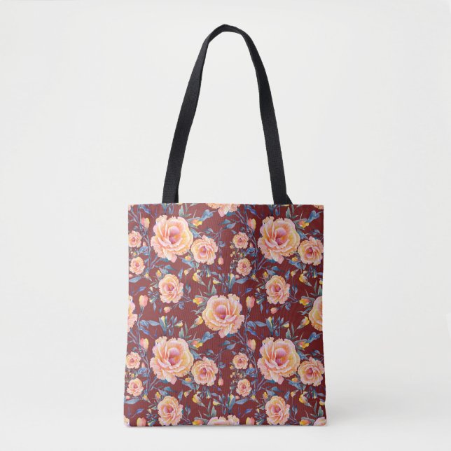 Tote Bag Roses, sans soudure, motif arrière - plan rouge (Devant)