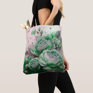 Tote Bag Roses Vertes et Dorées Grande Échelle