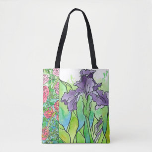 Tote Bag Roses violettes Iris Rose Grandes Fleurs Aquarelle