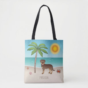 Tote Bag Rottweiler rouge et fauve sur une plage tropicale