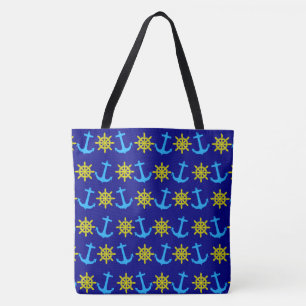 Tote Bag Roue nautique et Motif d'Ancres Plage amusante