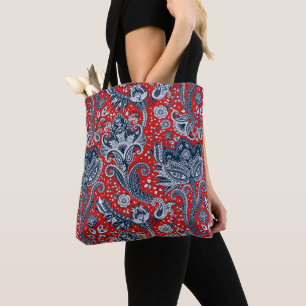 Tote Bag Rouge Blanc & Bleu Floral Paisley Bohème Boho