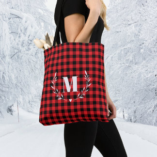 Tote Bag Rouge Buffalo Plaid Monogramme de Noël