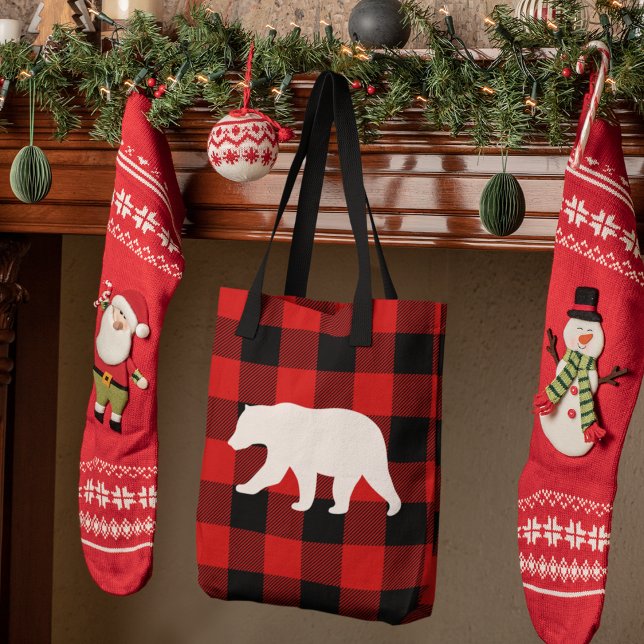 Tote Bag Rouge Buffalo Plaid & Ours Blanc (Créateur téléchargé)