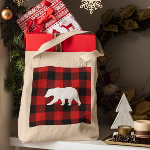 Tote Bag Rouge Buffalo Plaid & Ours Blanc
