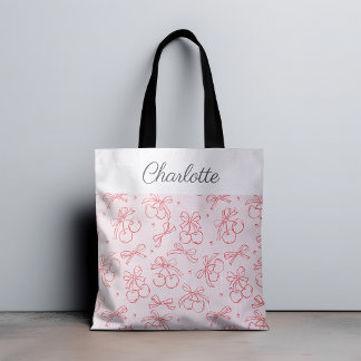 Tote Bag Rouge Cerise Rose Ruban Coquette Nom Personnalisé