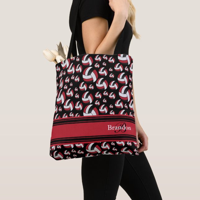 Tote Bag Rouge foncé, Volley-ball noir et blanc Personnalis (De près)