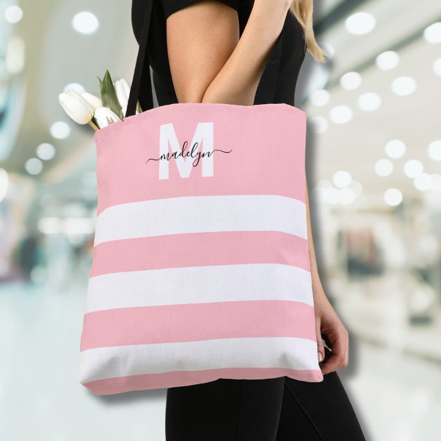 Tote Bag Rouge Liseré Rose Monogramme Prénom (Blush Pink Stripes Name Monogrammed Tote Bag)