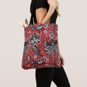 Tote Bag Rouge Noir & Blanc Floral Paisley Bohème Boho