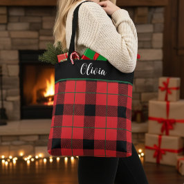Tote Bag Rouge, Noir et Vert Noël Plaid Custom