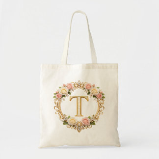 Tote Bag Rouge rosé floral monogramme lettre T mariage