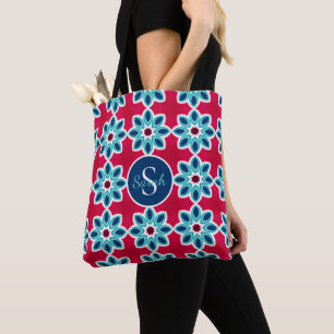 Tote Bag Rouge vif et bleu géométrique moderne personnalisé