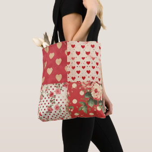 Tote Bag Rouge Vintage Chic Dots Coeurs Floraux Mélange