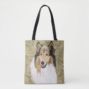 Tote Bag Rough Collie sur un arrière - plan floral Brown