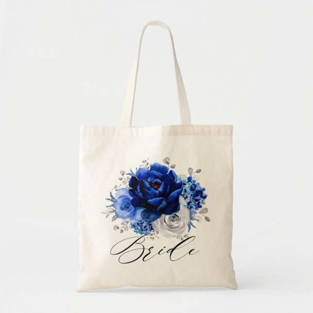 Tote Bag Royal Bleu Blanc Argent Métallurique Floral Bride (Devant)